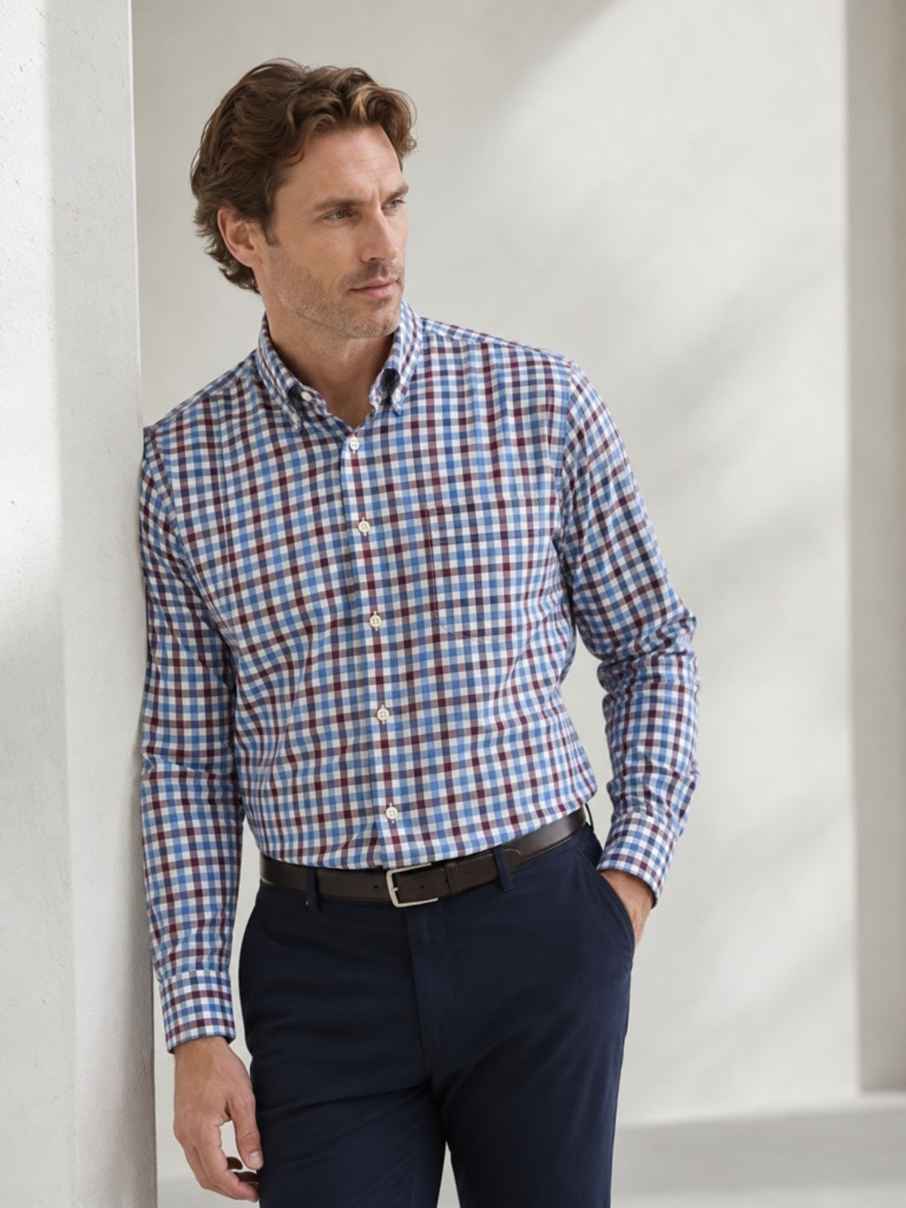 Peter Millar Men’s Plaid Button Down Shirt Blue Red Performance Stretch Medium